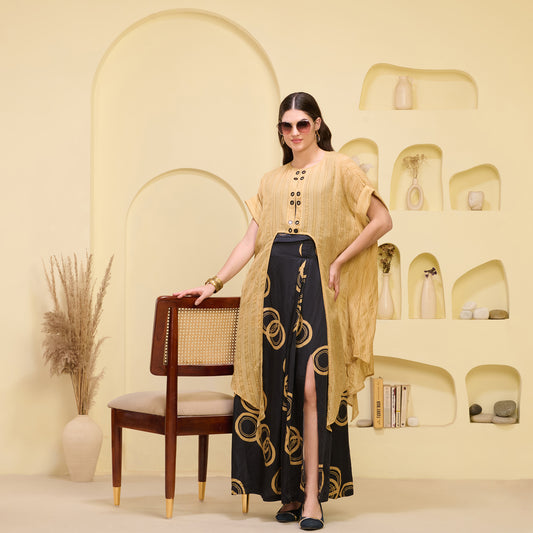 Black and Golden Hand Embroidered Cover-Up and Crop Top with Powerful Print Full Length Skirt Set