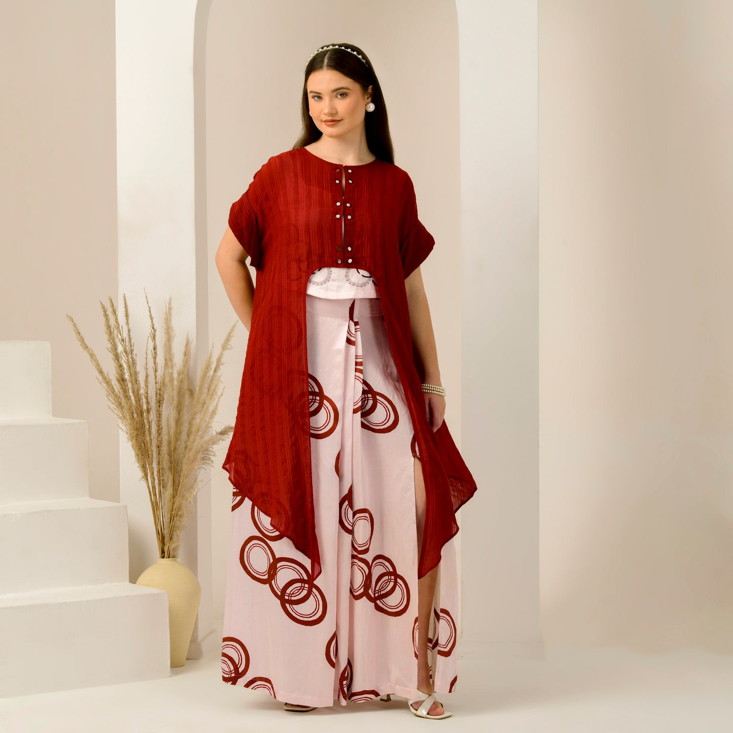 Pink and Red Hand Embroidered Cover-Up and Crop Top with Powerful Print Full Length Skirt Set