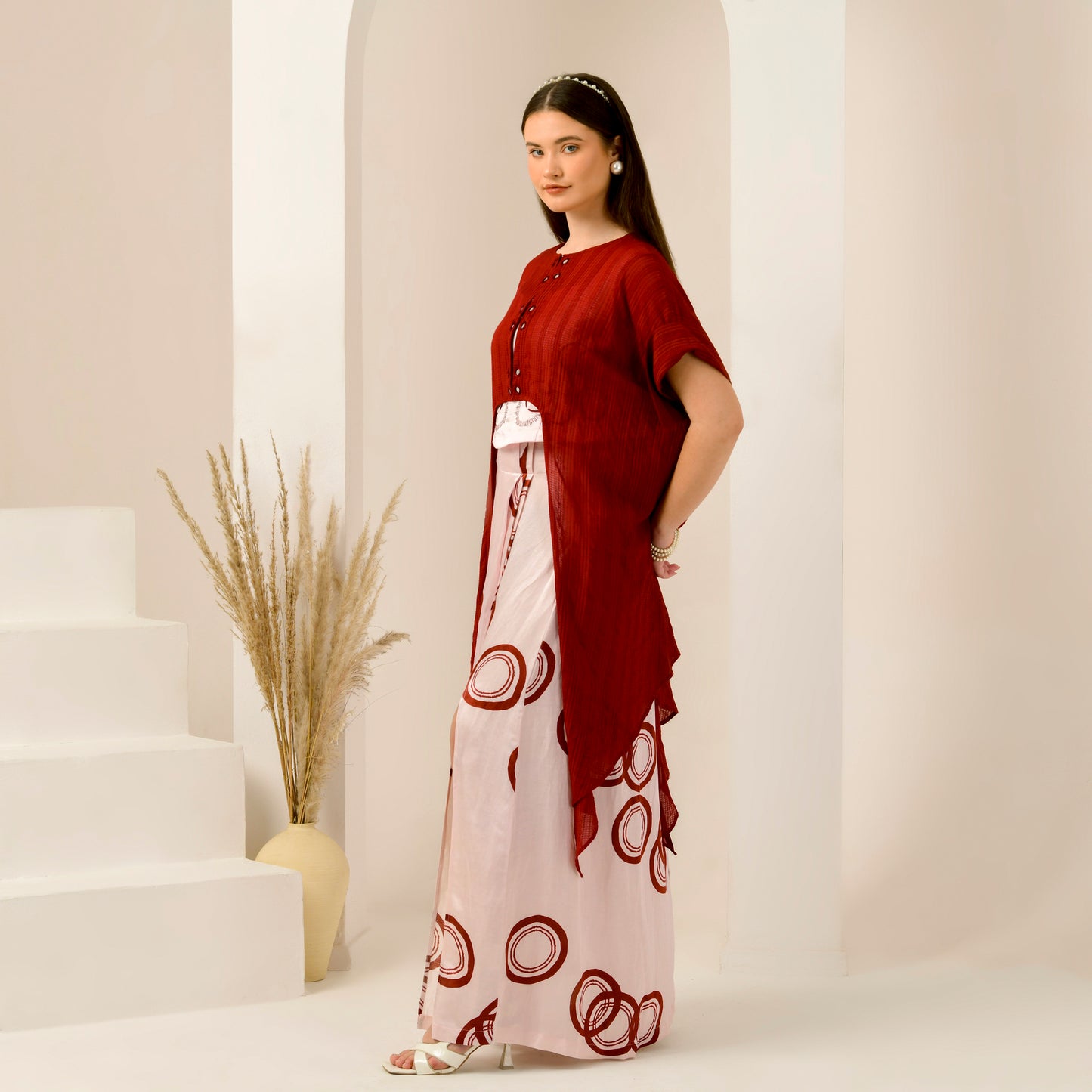 Pink and Red Hand Embroidered Cover-Up and Crop Top with Powerful Print Full Length Skirt Set