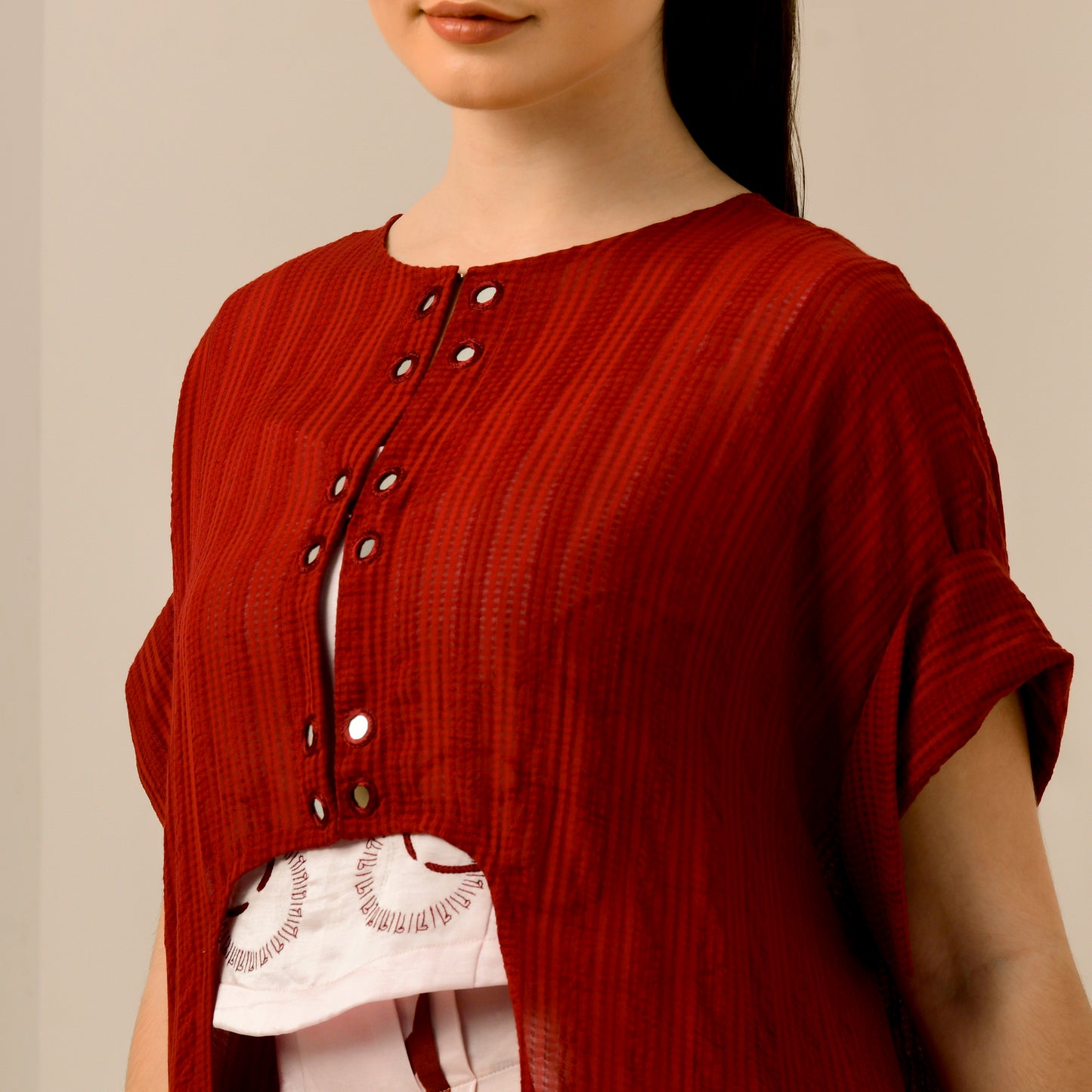 Pink and Red Hand Embroidered Cover-Up and Crop Top with Powerful Print Full Length Skirt Set