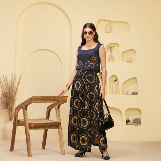 Black and Golden Hand Embroidered Crop Top and Maa Print Full Length Skirt with Front Slit Set