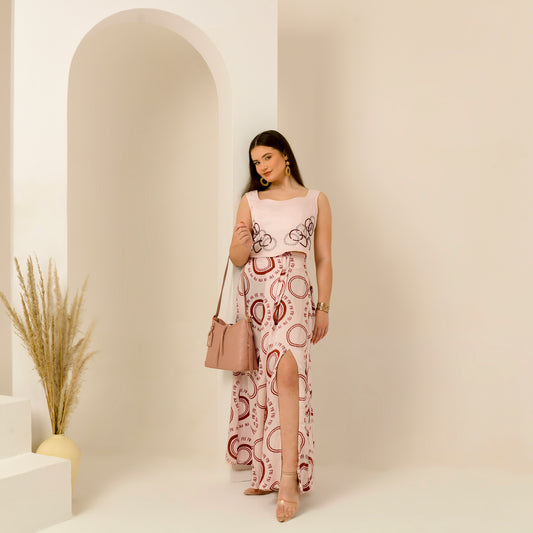 Pink and Red Hand Embroidered Crop Top and Maa Print Full Length Skirt with Front Slit Set