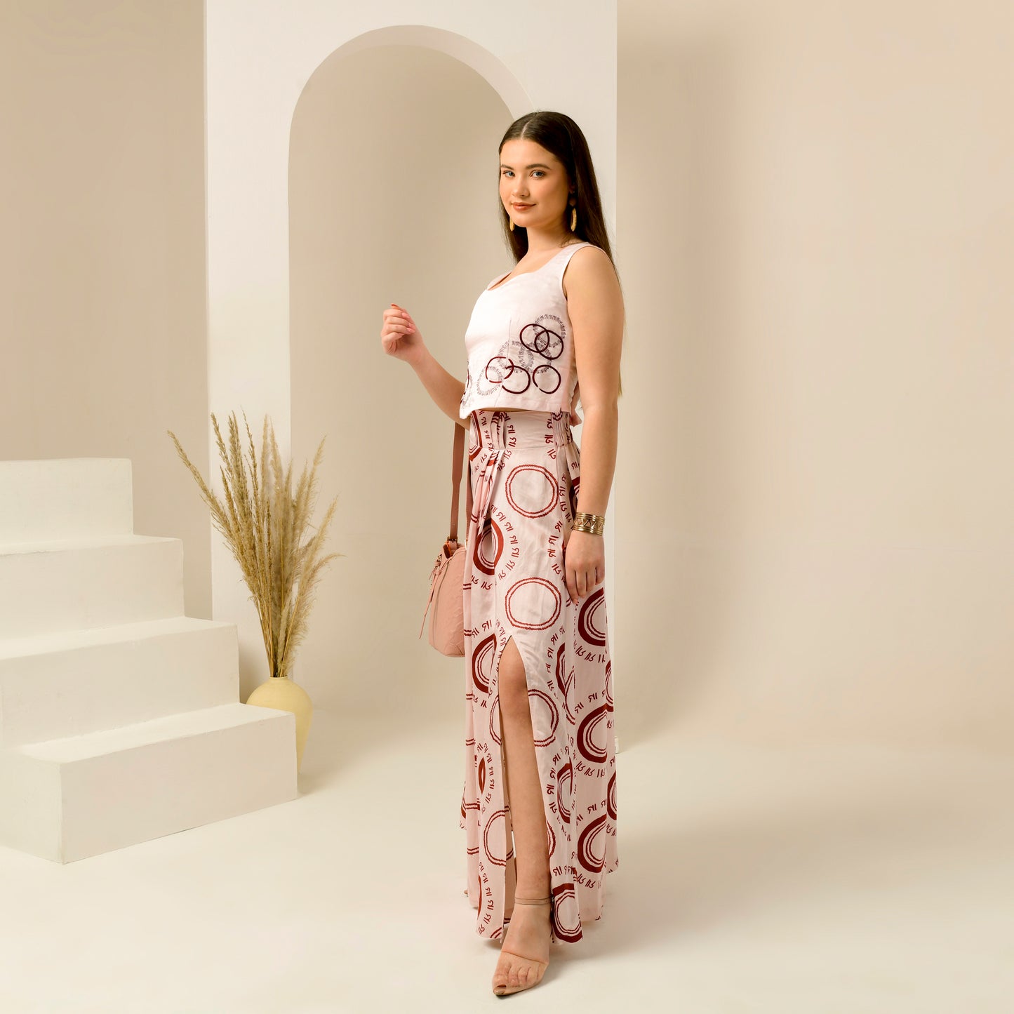 Pink and Red Hand Embroidered Crop Top and Maa Print Full Length Skirt with Front Slit Set