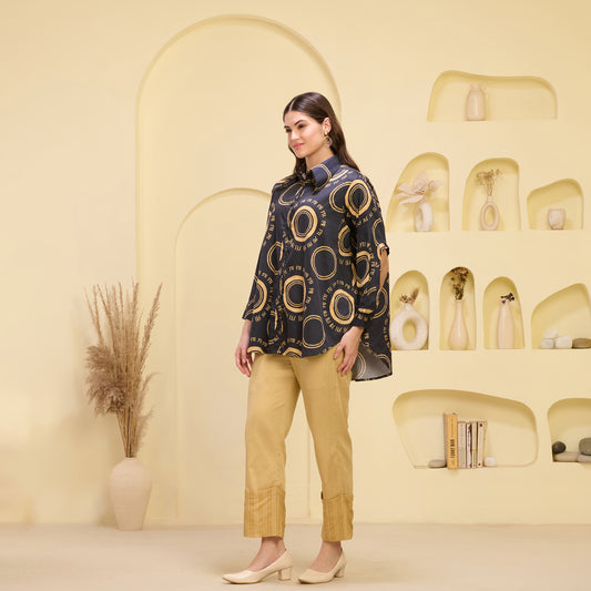 Black and Golden Maa Print Shirt with Cutout Sleeves and Folded Hem Straight Trouser Set