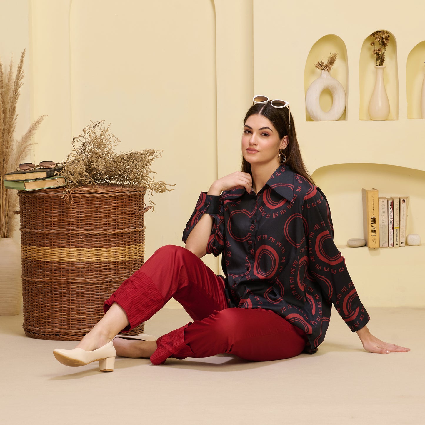 Black and Red Maa Print Shirt with Cutout Sleeves and Folded Hem Straight Trouser Set