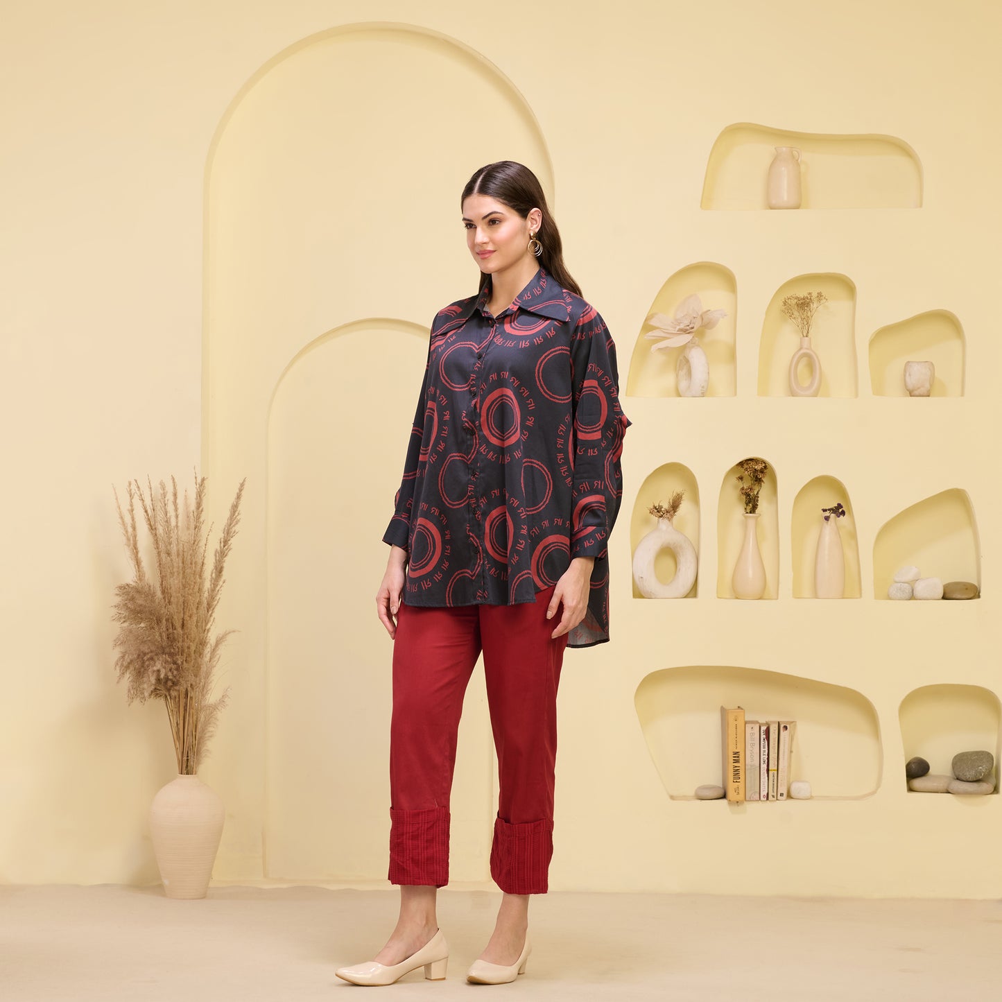 Black and Red Maa Print Shirt with Cutout Sleeves and Folded Hem Straight Trouser Set