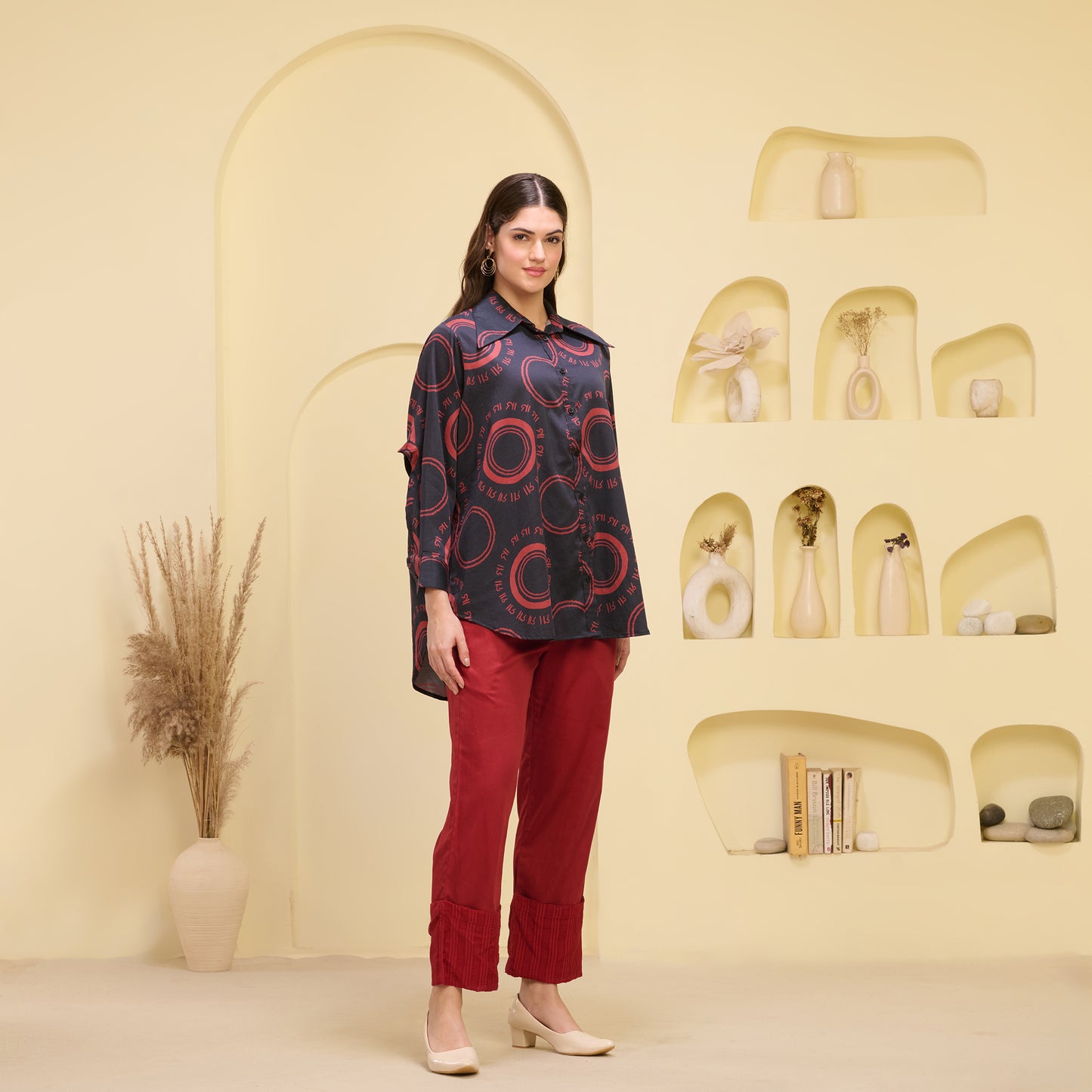 Black and Red Maa Print Shirt with Cutout Sleeves and Folded Hem Straight Trouser Set