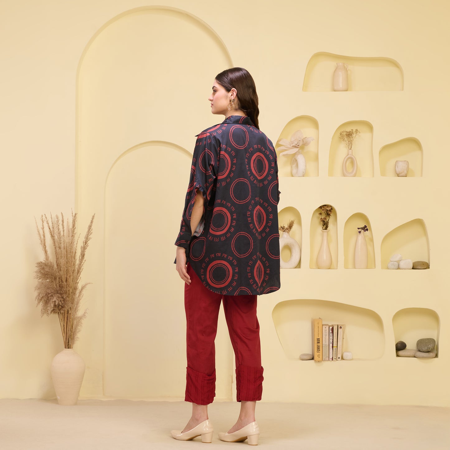 Black and Red Maa Print Shirt with Cutout Sleeves and Folded Hem Straight Trouser Set
