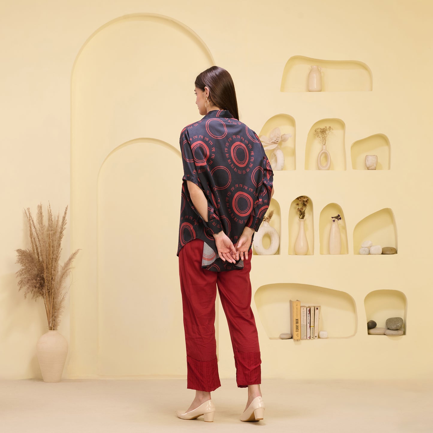 Black and Red Maa Print Shirt with Cutout Sleeves and Folded Hem Straight Trouser Set