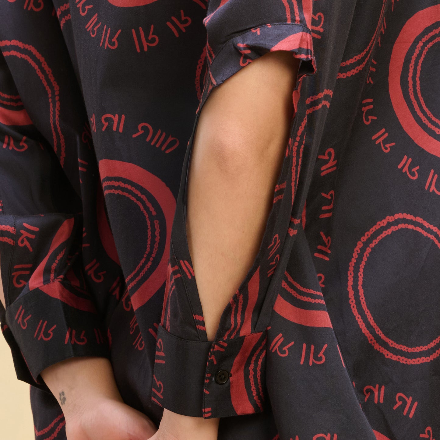 Black and Red Maa Print Shirt with Cutout Sleeves and Folded Hem Straight Trouser Set