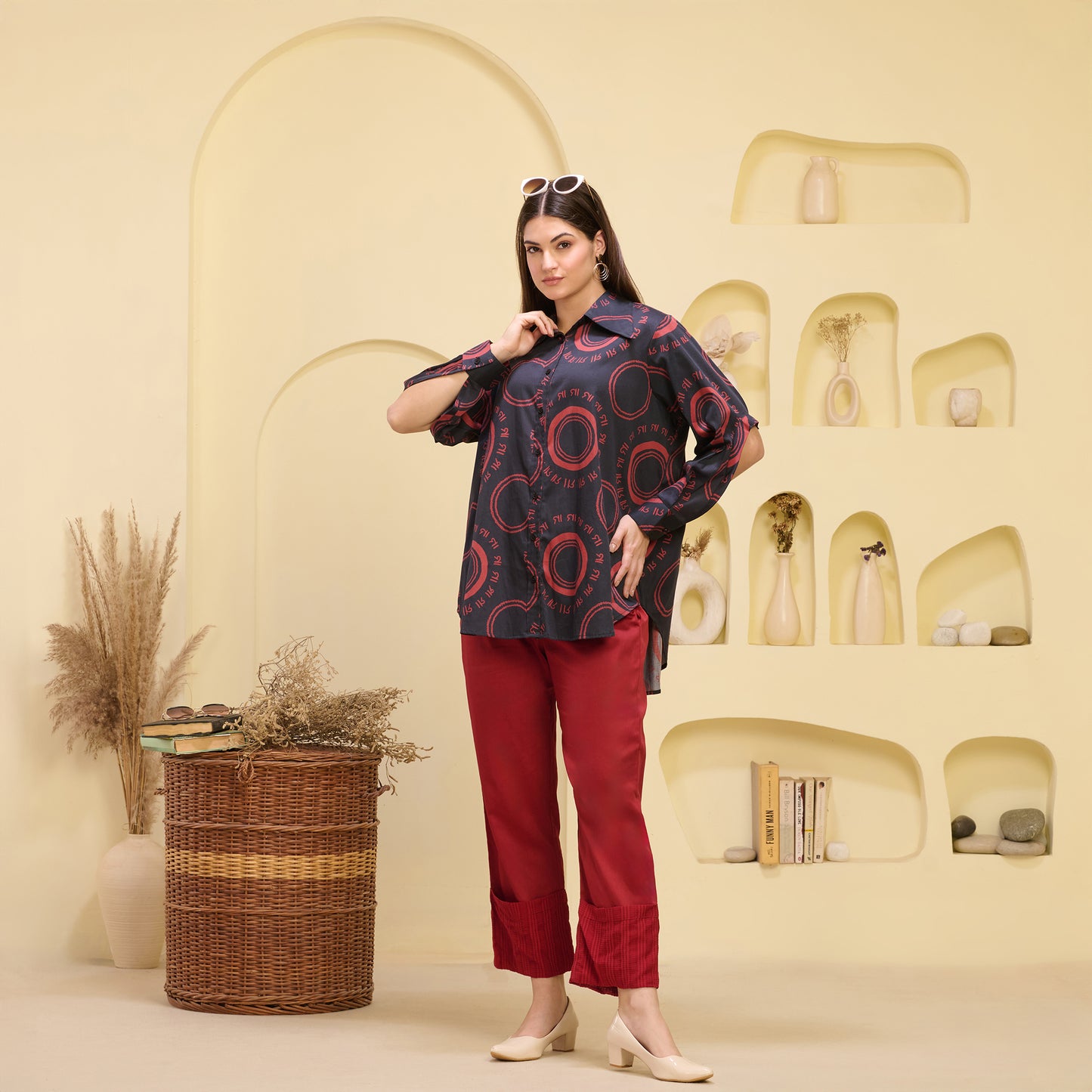 Black and Red Maa Print Shirt with Cutout Sleeves and Folded Hem Straight Trouser Set