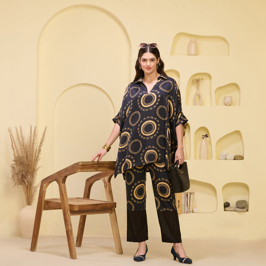 Black and Golden Maa Print Embellished Kaftan Top and Straight Trouser Set