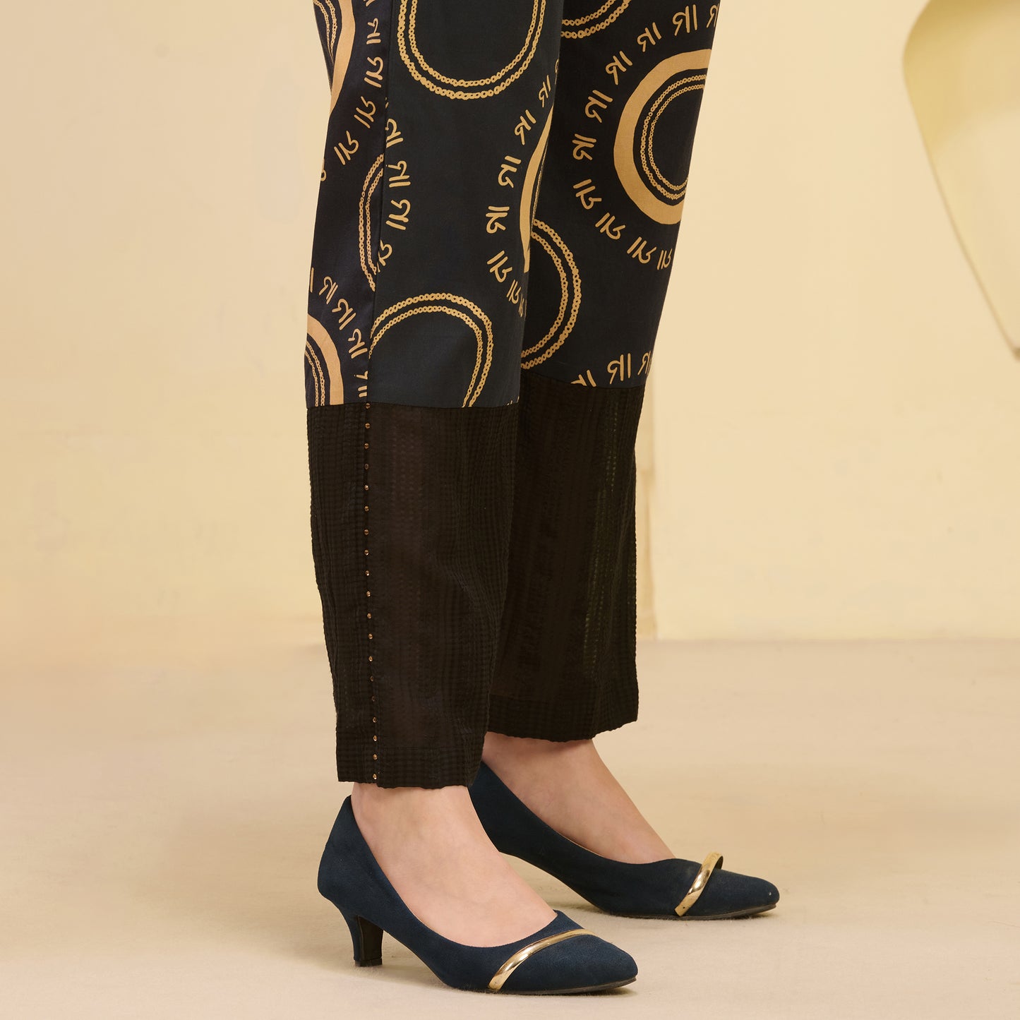 Black and Golden Maa Print Embellished Kaftan Top and Straight Trouser Set