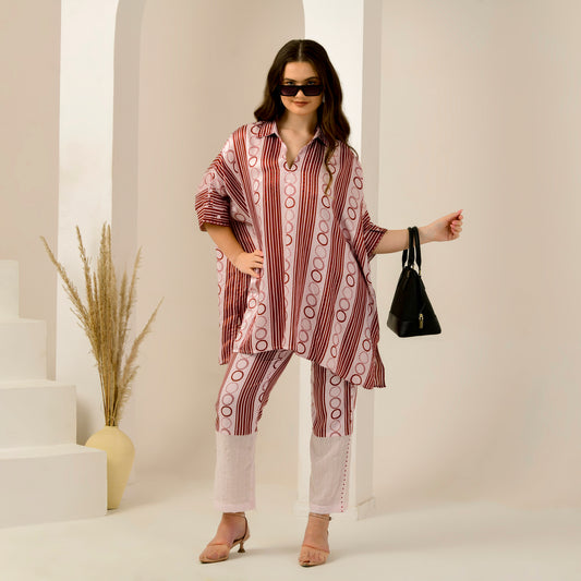 Pink and Red Powerful Stripe Print Embellished Kaftan Top and Straight Trouser Set