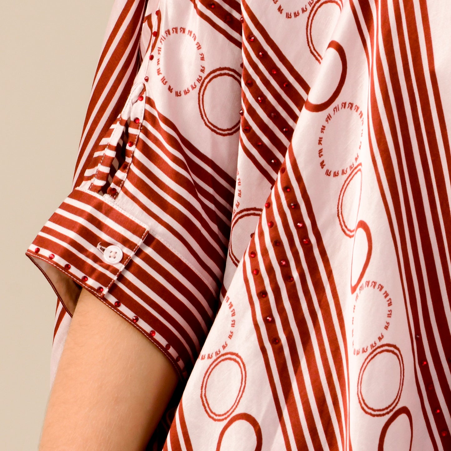Pink and Red Powerful Stripe Print Embellished Kaftan Top and Straight Trouser Set