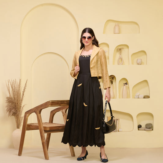 Black and Golden Boat Applique Ankle Length Dress and Embellished Short Blazer Set