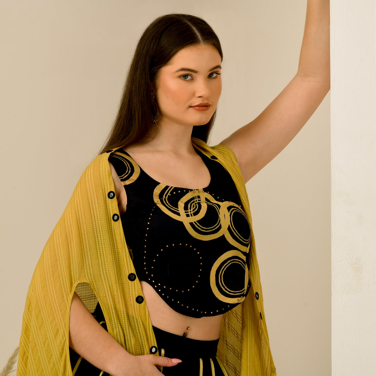 Black and Golden Hand Embroidered Shrug with Embellished Powerful Print Crop Top and Wide Leg Pleated Palazzo Set