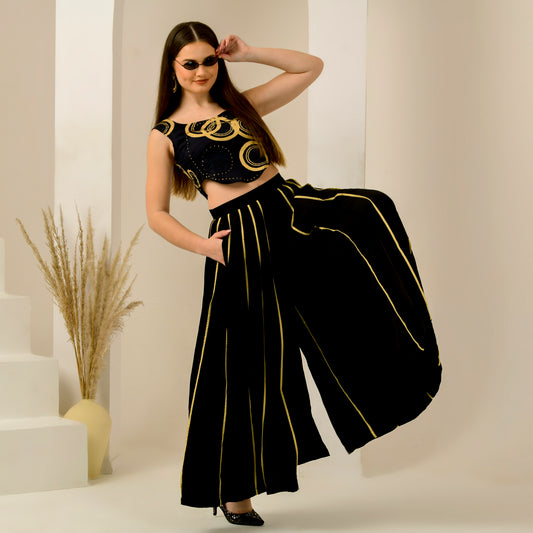 Black and Golden Embellished Powerful Print Crop Top and Wide Leg Pleated Palazzo Set
