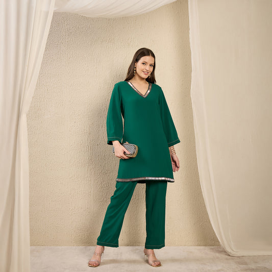 Green Hand Embroidered Top and Straight Pants Set