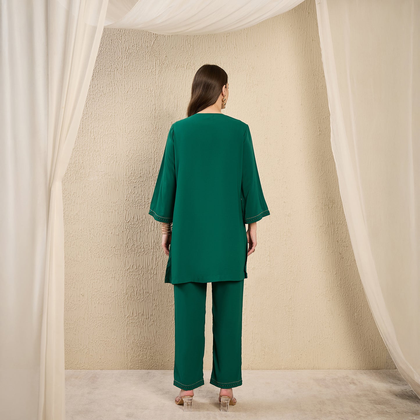 Green Hand Embroidered Top and Straight Pants Set