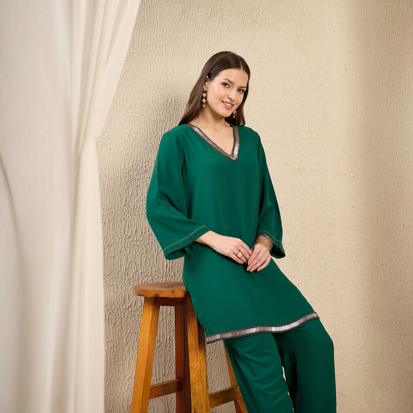 Green Hand Embroidered Top and Straight Pants Set