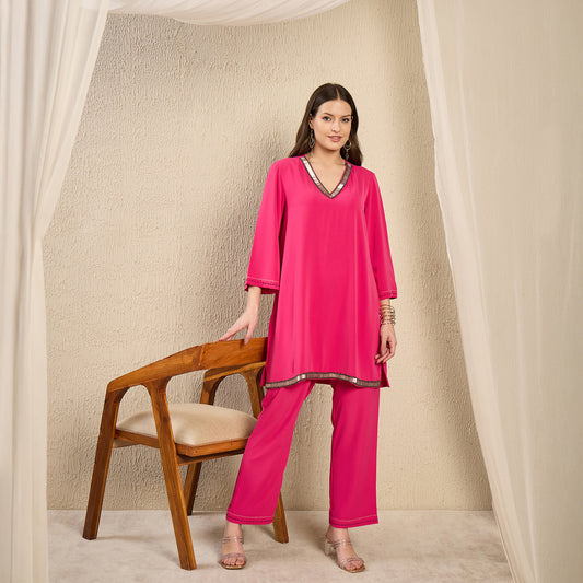 Pink Hand Embroidered Top and Straight Pants Set