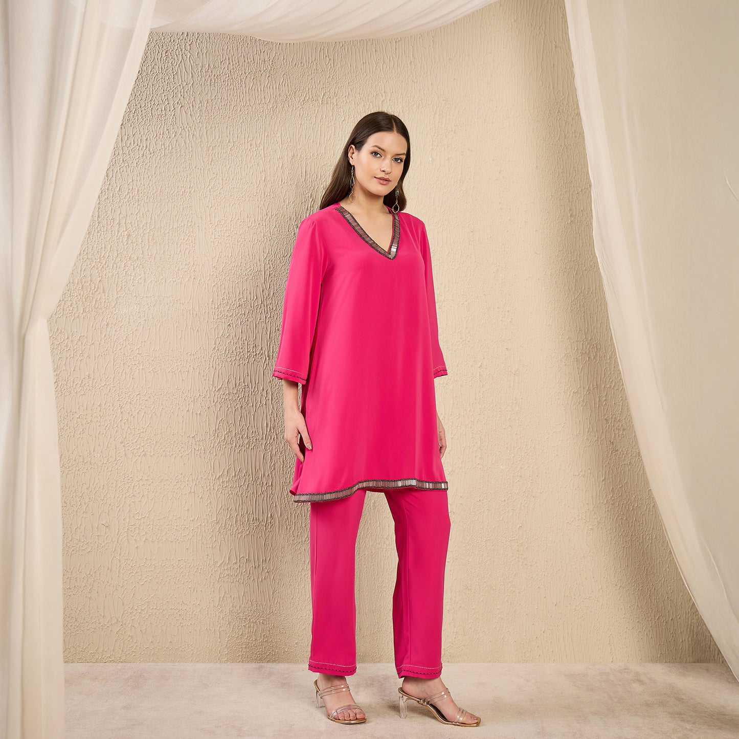 Pink Hand Embroidered Top and Straight Pants Set