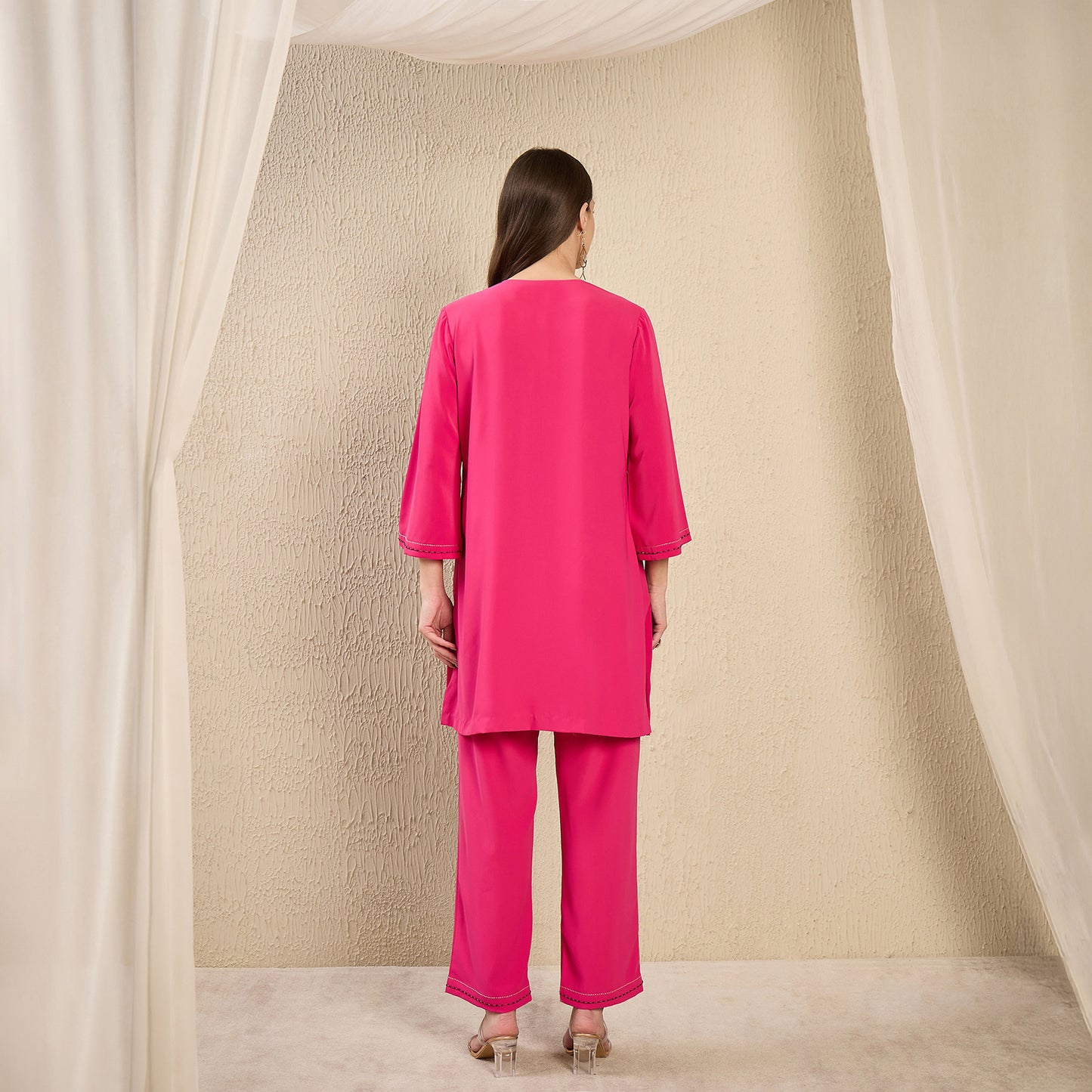 Pink Hand Embroidered Top and Straight Pants Set