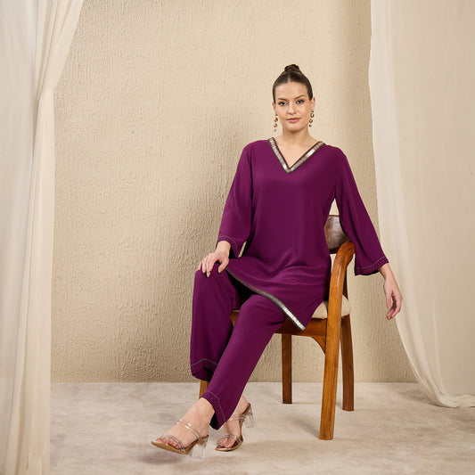 Purple Hand Embroidered Top and Straight Pants Set