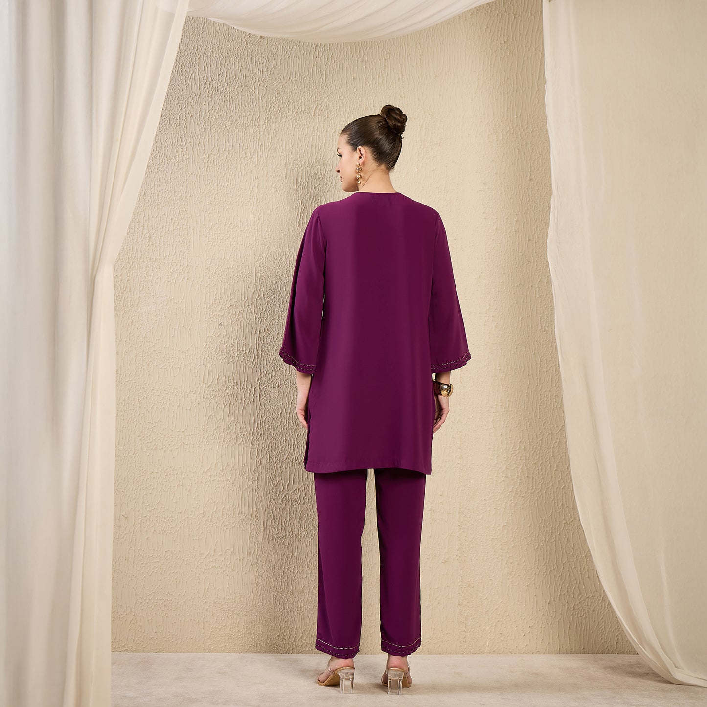 Purple Hand Embroidered Top and Straight Pants Set