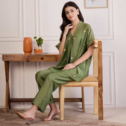 Green Zari Hand Embroidered Short Kaftan Top with Pants Set