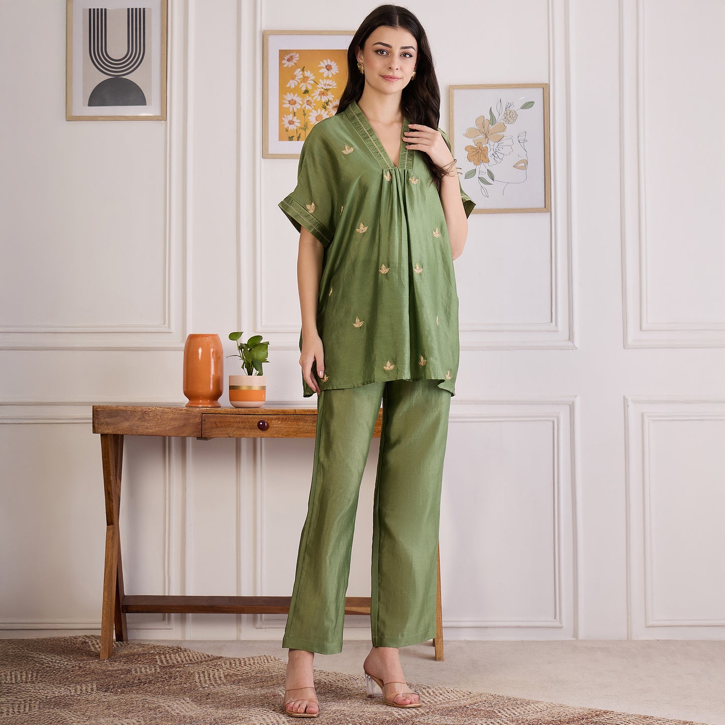 Green Zari Hand Embroidered Short Kaftan Top with Pants Set