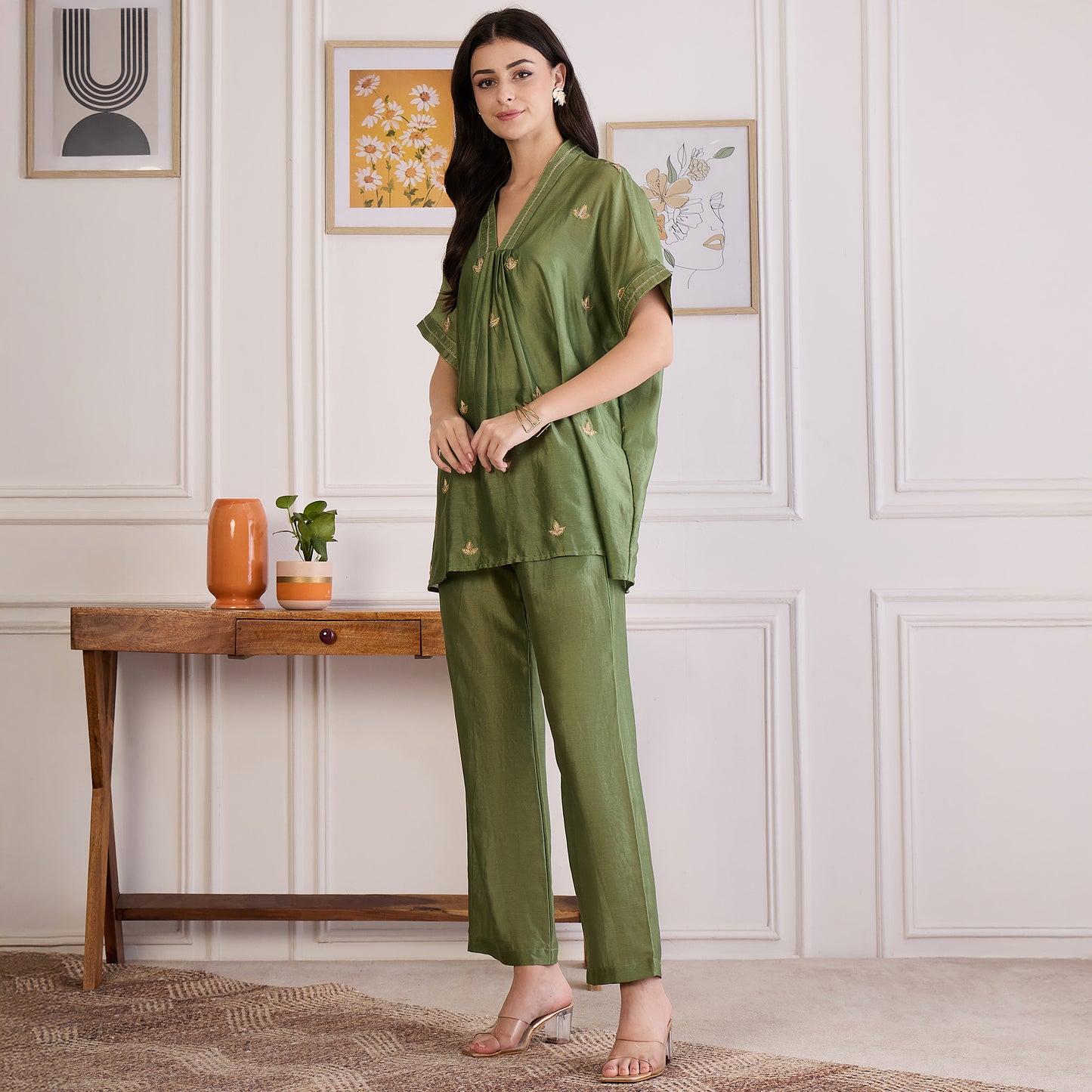 Green Zari Hand Embroidered Short Kaftan Top with Pants Set
