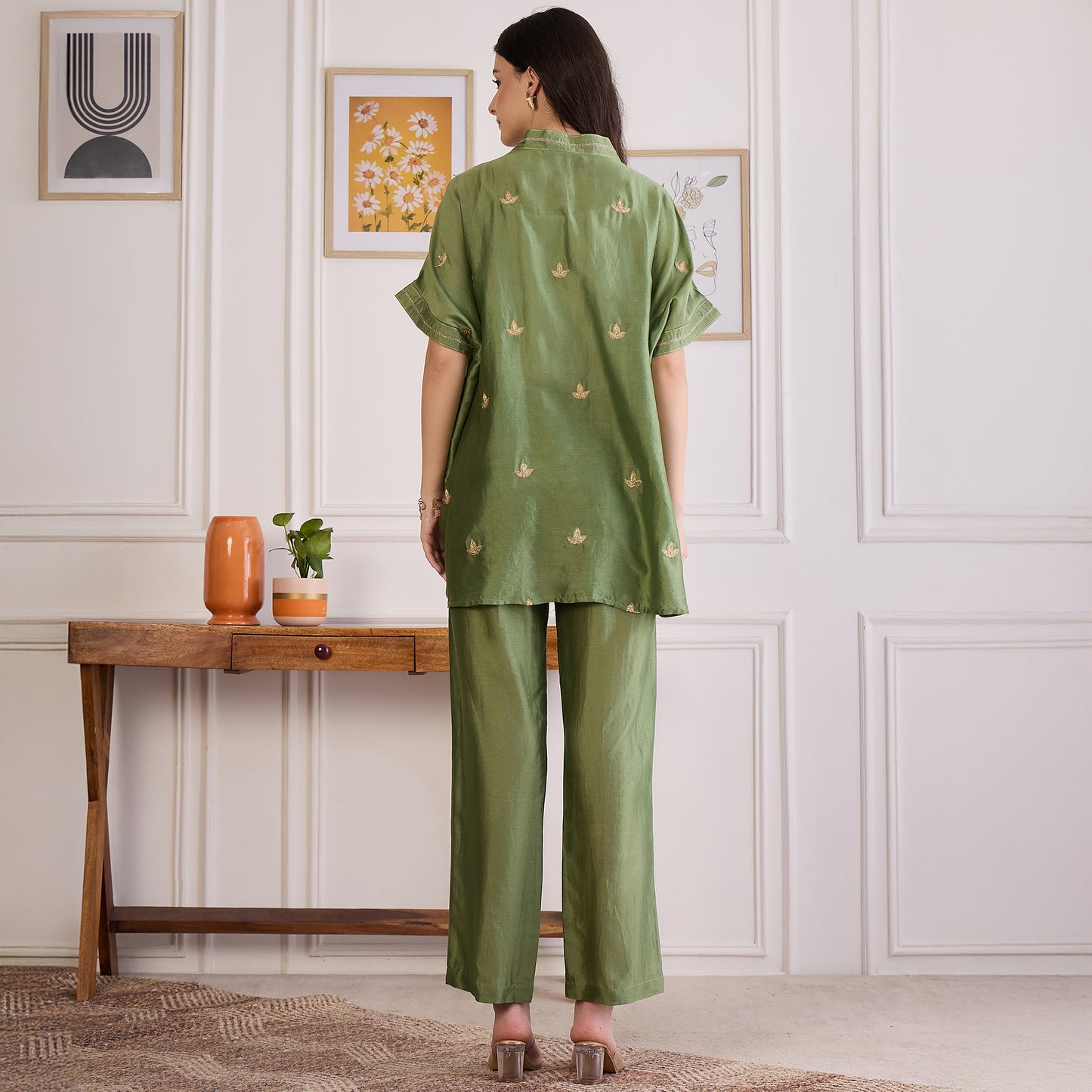 Green Zari Hand Embroidered Short Kaftan Top with Pants Set