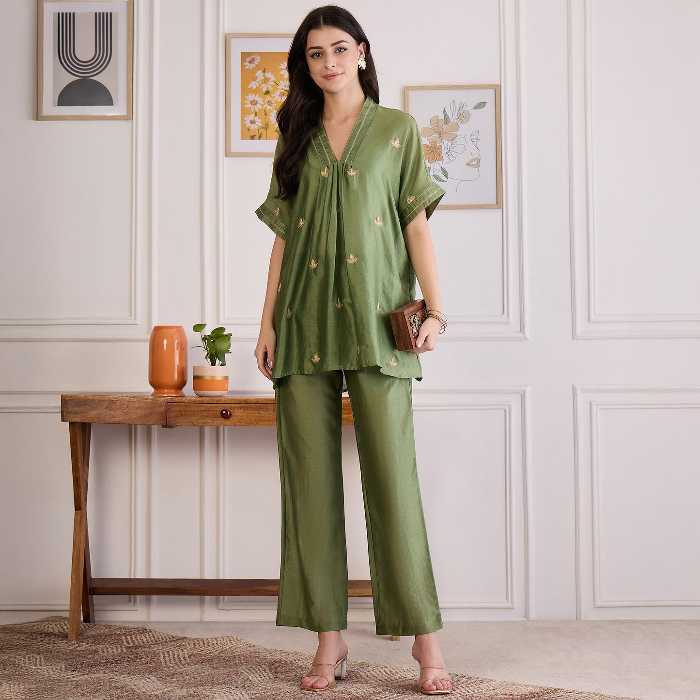 Green Zari Hand Embroidered Short Kaftan Top with Pants Set