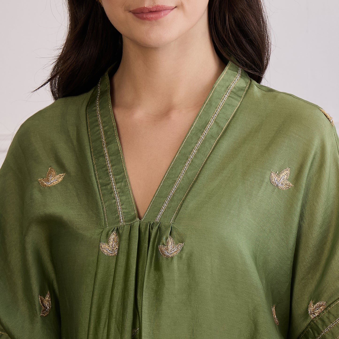 Green Zari Hand Embroidered Short Kaftan Top with Pants Set