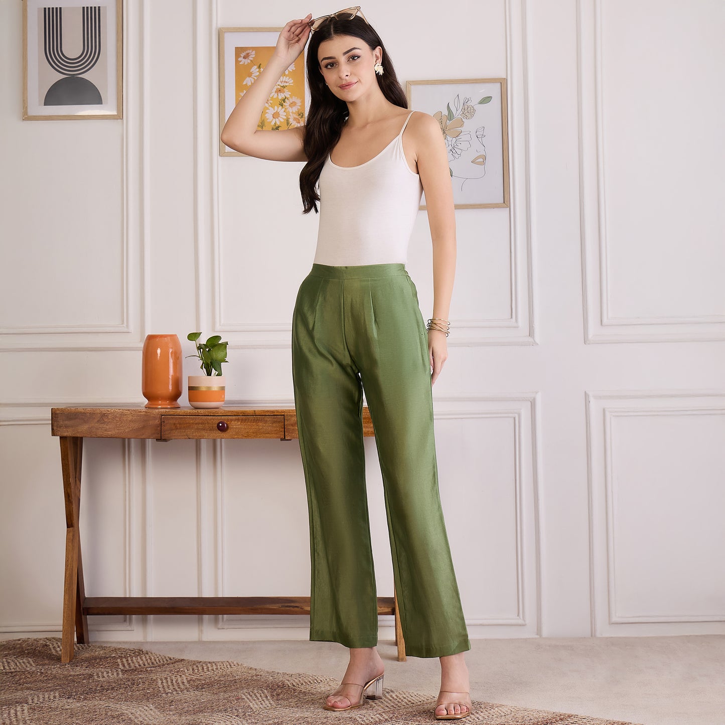 Green Zari Hand Embroidered Short Kaftan Top with Pants Set