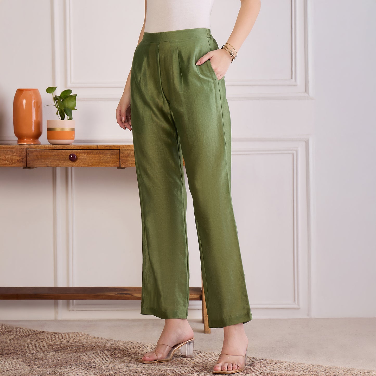 Green Zari Hand Embroidered Short Kaftan Top with Pants Set