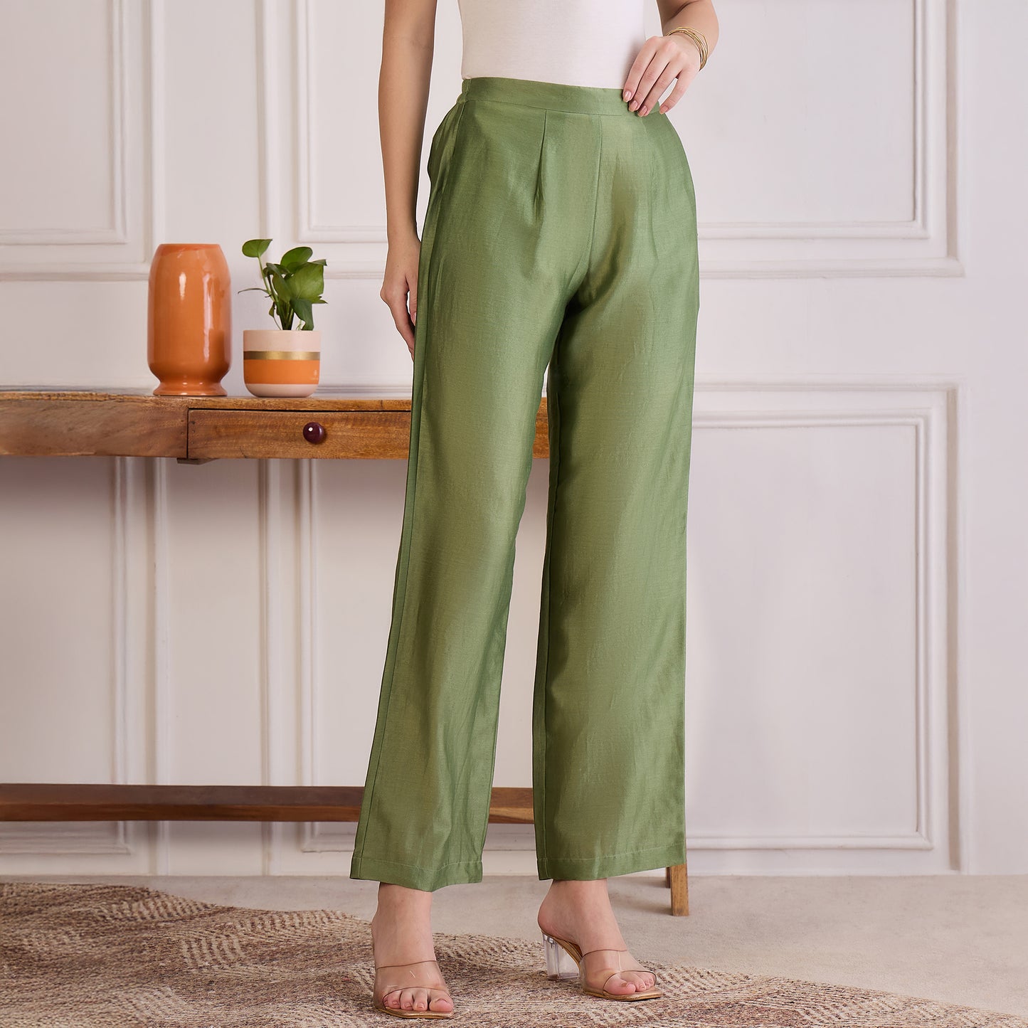 Green Zari Hand Embroidered Short Kaftan Top with Pants Set