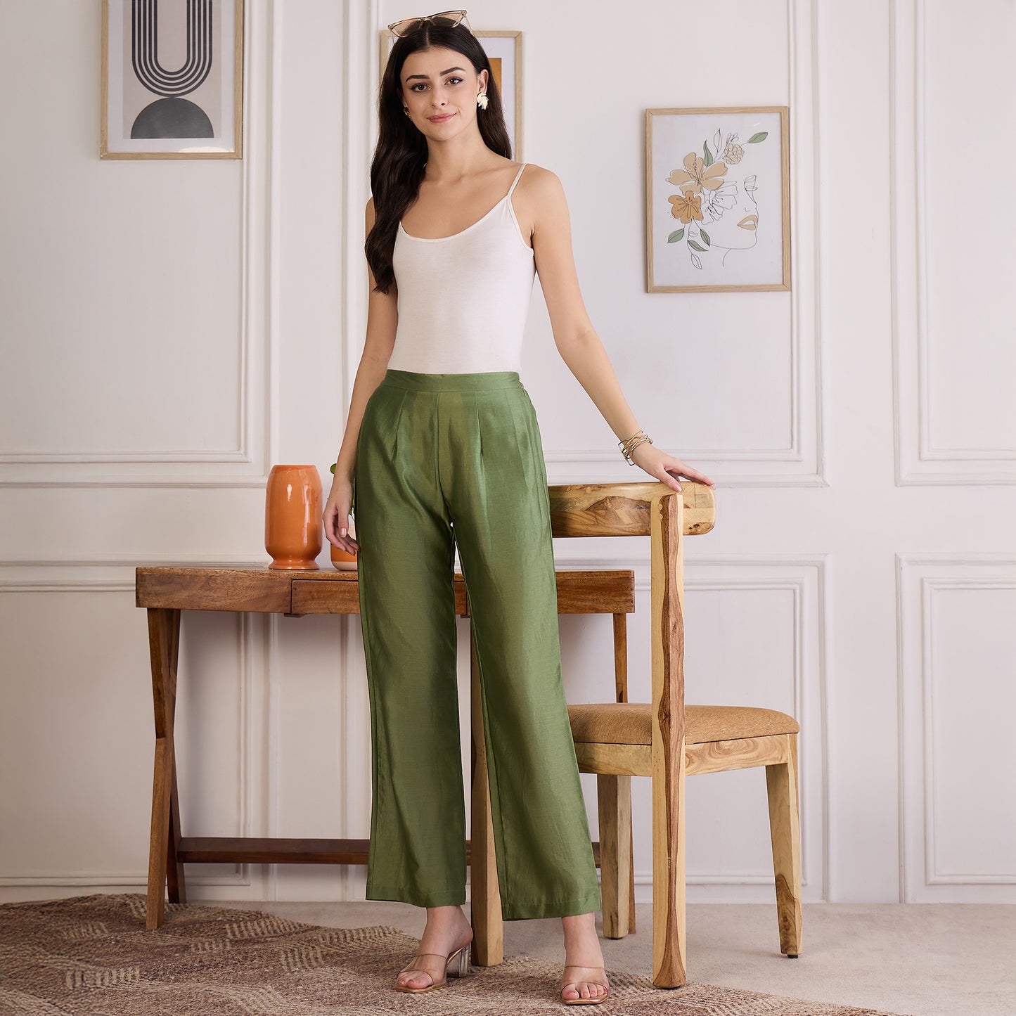 Green Zari Hand Embroidered Short Kaftan Top with Pants Set