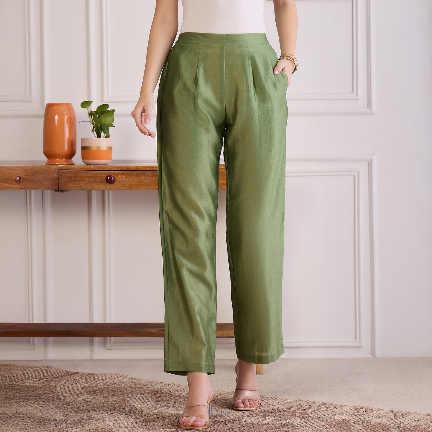 Green Zari Hand Embroidered Short Kaftan Top with Pants Set
