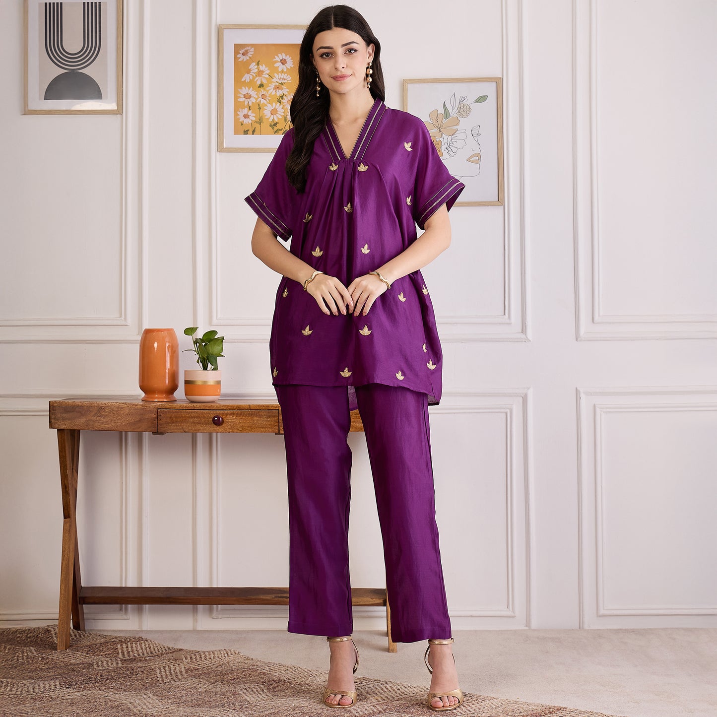 Purple Zari Hand Embroidered Short Kaftan Top with Pants Set