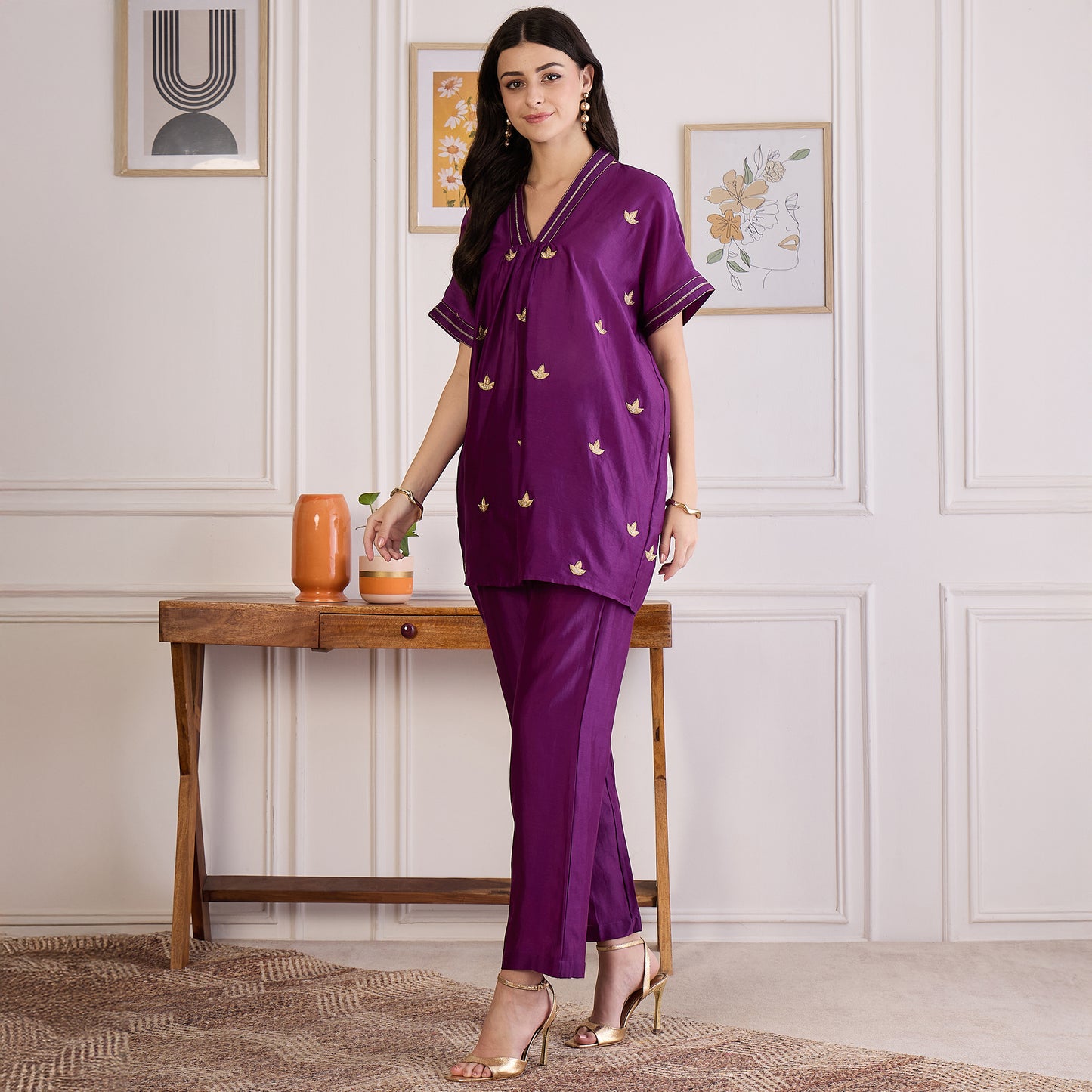 Purple Zari Hand Embroidered Short Kaftan Top with Pants Set