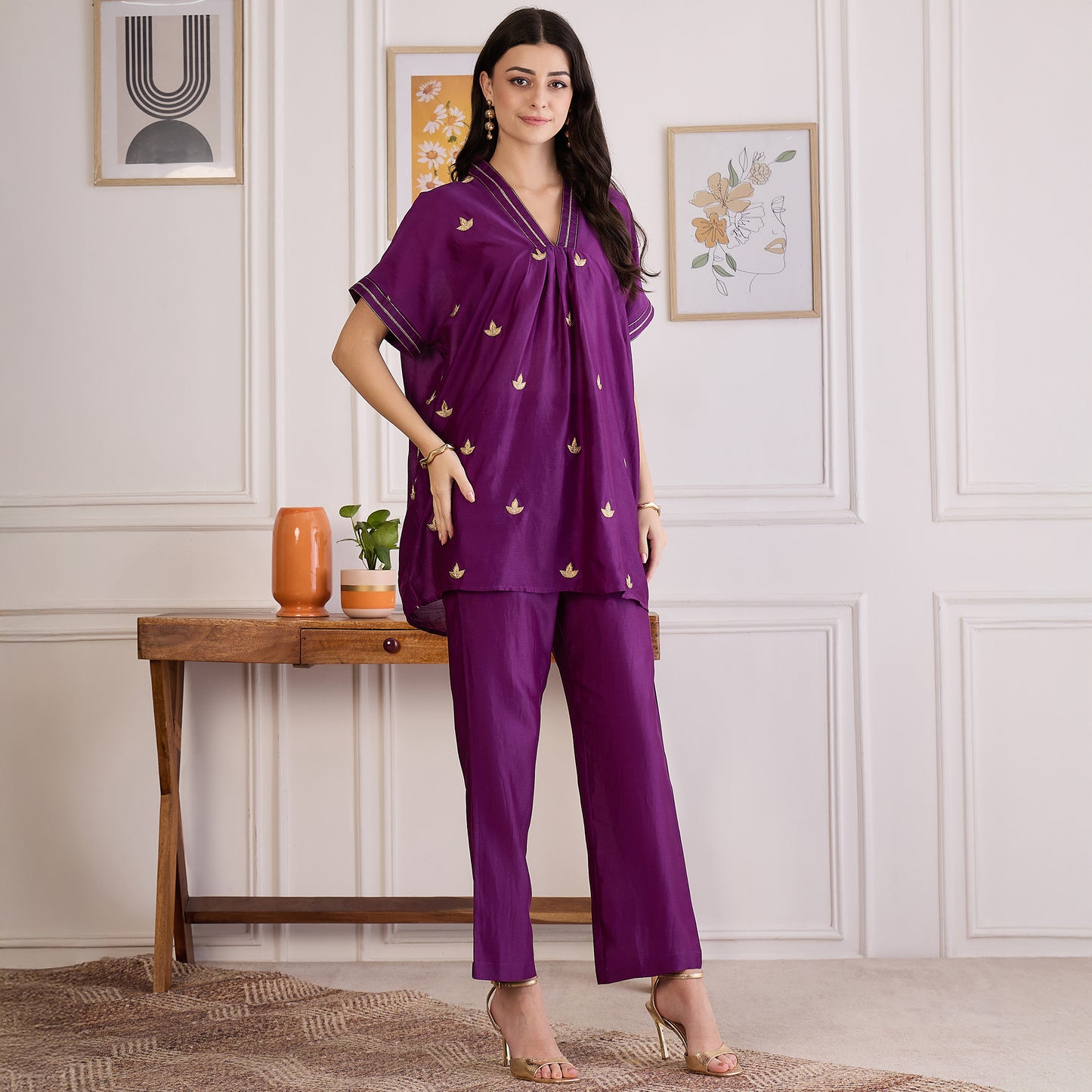 Purple Zari Hand Embroidered Short Kaftan Top with Pants Set