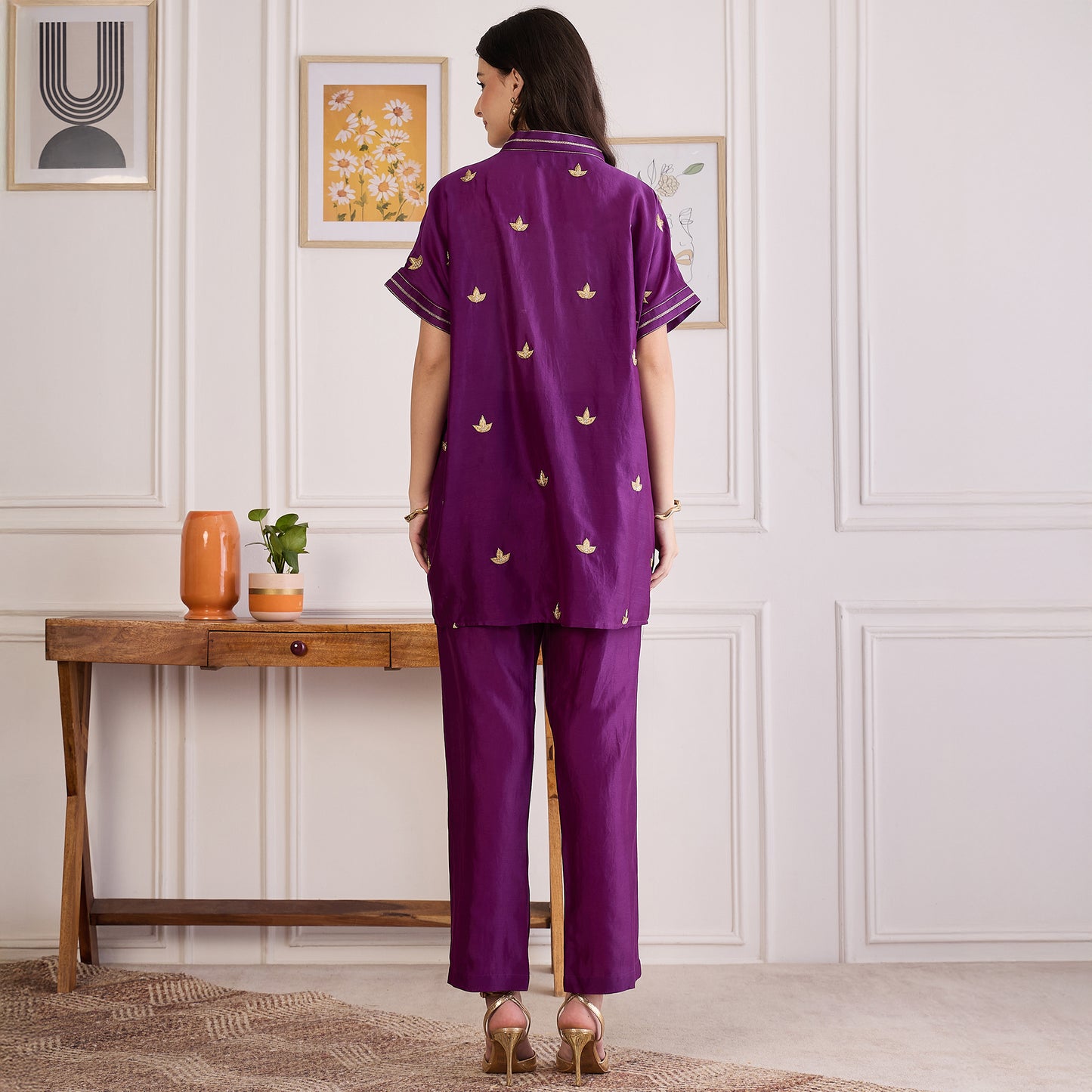 Purple Zari Hand Embroidered Short Kaftan Top with Pants Set