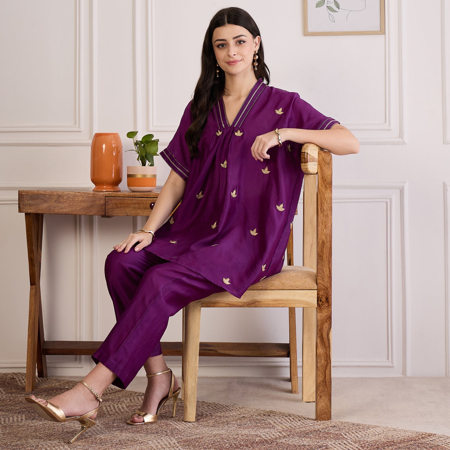 Purple Zari Hand Embroidered Short Kaftan Top with Pants Set