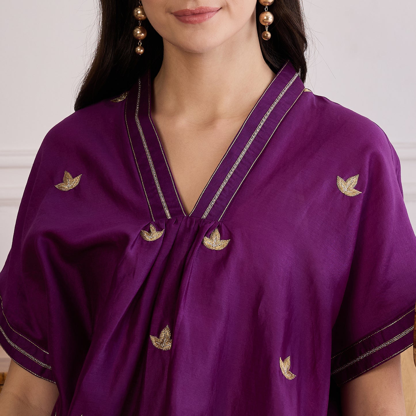 Purple Zari Hand Embroidered Short Kaftan Top with Pants Set