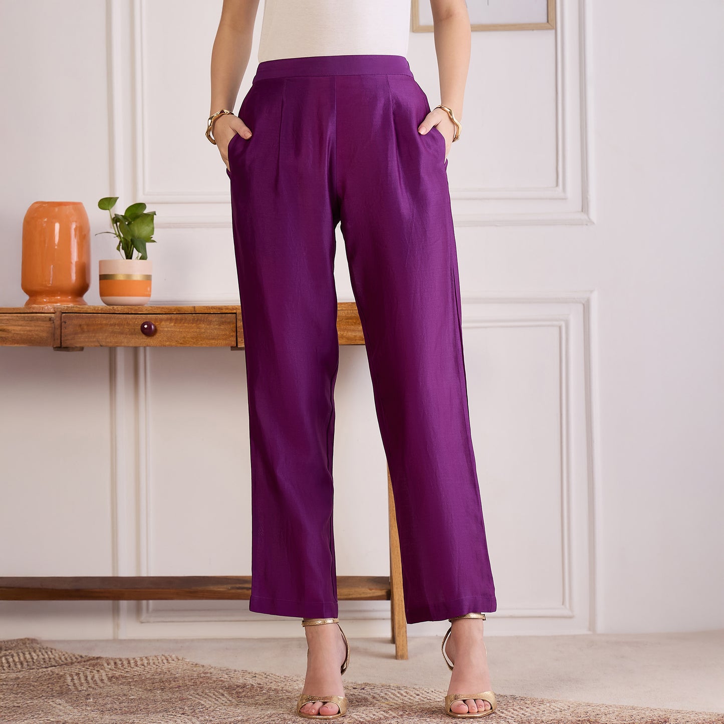Purple Zari Hand Embroidered Short Kaftan Top with Pants Set