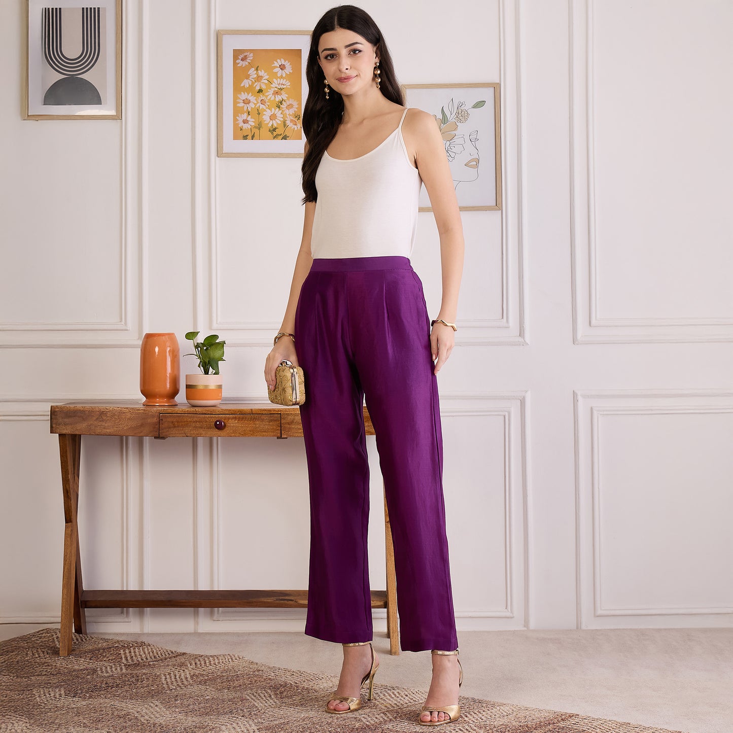 Purple Zari Hand Embroidered Short Kaftan Top with Pants Set
