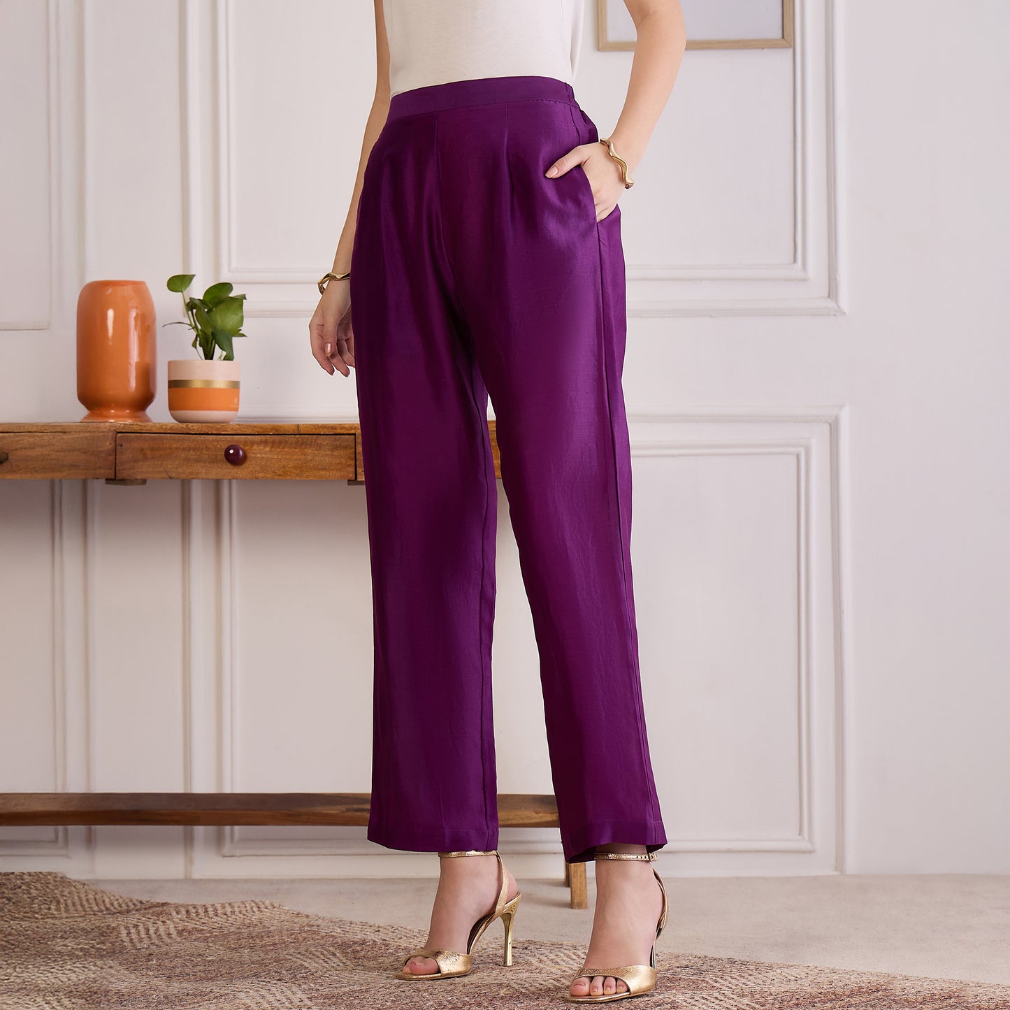 Purple Zari Hand Embroidered Short Kaftan Top with Pants Set